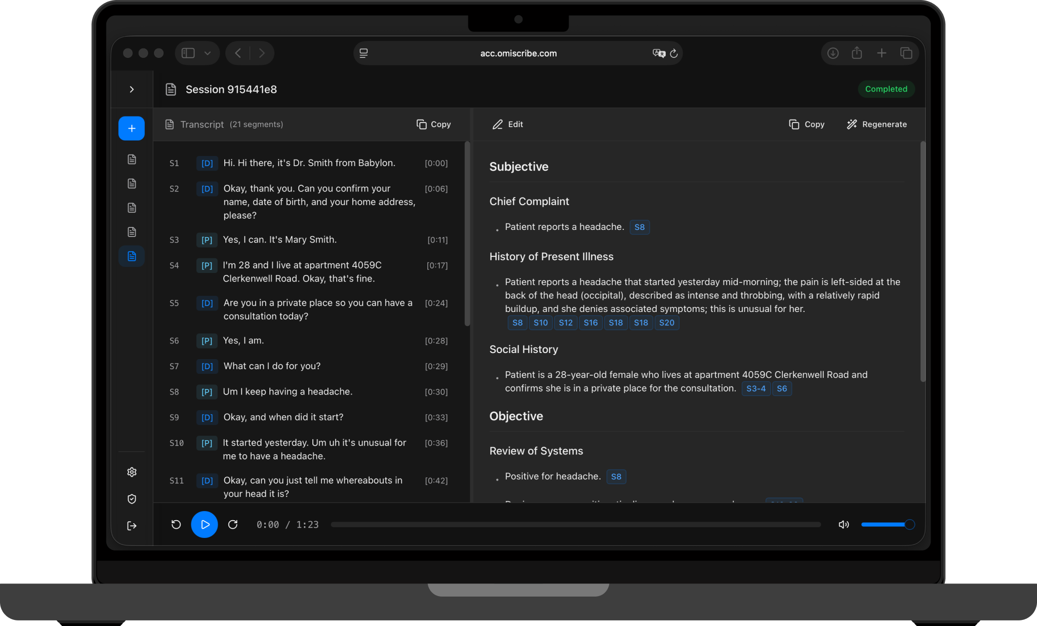 Scribe UI on MacBook — transcript on left, SOAP note on right, evidence chips visible